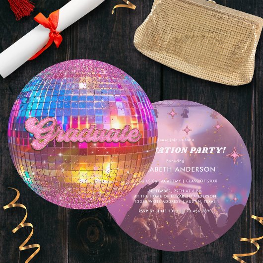 Hot Pink Glitter Disco Ball Party Graduation Einladung