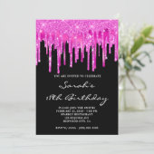 Hot Pink Glitter Foil Drips Black 18th Birthday Einladung (Stehend Vorderseite)