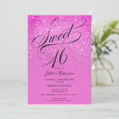 Hot Pink glitter ombre script photo Sweet 16 Einladung (Stehend Vorderseite)