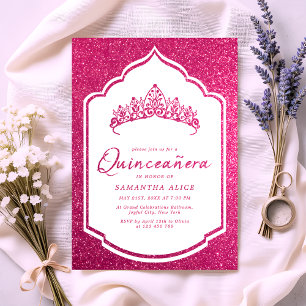 Hot Pink Glittery Crown Miss Quince Quinceanera Einladung
