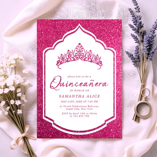 Hot Pink Glittery Crown Miss Quince Quinceanera Einladung