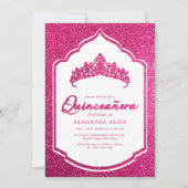 Hot Pink Glittery Crown Miss Quince Quinceanera Einladung (Vorderseite)