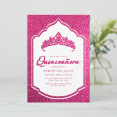 Hot Pink Glittery Crown Miss Quince Quinceanera Einladung (Stehend Vorderseite)