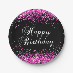 Hot Pink Glitzer Black Happy Birthday Pappteller