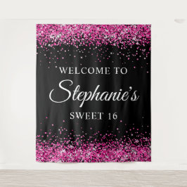 Hot Pink Glitzer Black Sweet 16 Geburtstag Willkom Wandteppich