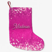 Hot Pink Glitzer Bokeh Benutzerdefinierter Text Kleiner Weihnachtsstrumpf (Vorderseite)