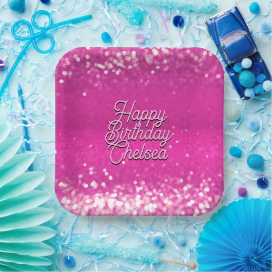 Hot Pink Glitzer Bokeh Benutzerdefinierter Text Pappteller (Party)