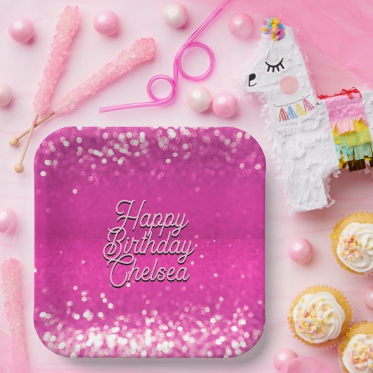 Hot Pink Glitzer Bokeh Benutzerdefinierter Text Pappteller (Party)