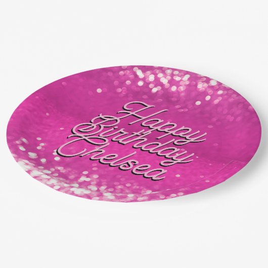 Hot Pink Glitzer Bokeh Benutzerdefinierter Text Pappteller (Schrägansicht)