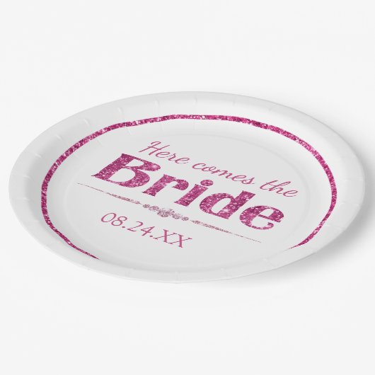 Hot Pink Glitzer Bridge and Diamonds Pappteller (Schrägansicht)