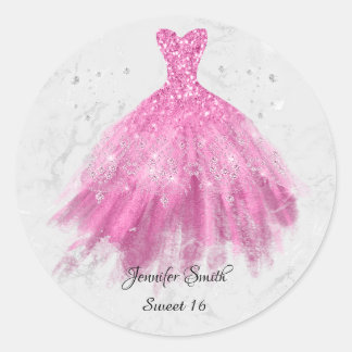 Hot Pink Glitzer Dress 16 . Geburtstag Runder Aufkleber