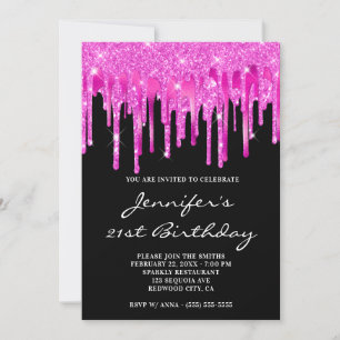 Hot Pink Glitzer Foil Tropfens Black 21. Geburtsta Einladung