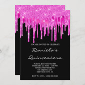 Hot Pink Glitzer Foil Tropfens Black Quinceañera Einladung (Vorne/Hinten)