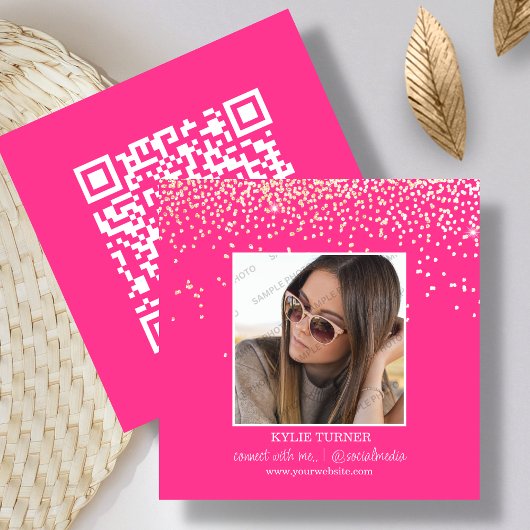 Hot Pink Glitzer | Foto Social Media | QR-Code Quadratische Visitenkarte