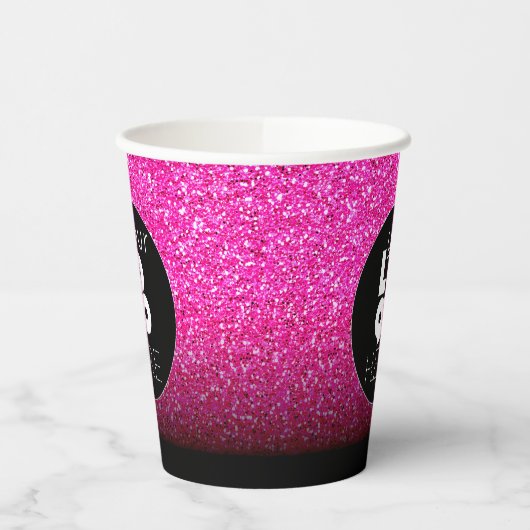 Hot-Pink-Glitzer für Firmenlogos + Schwarze Papier Pappbecher (Links)