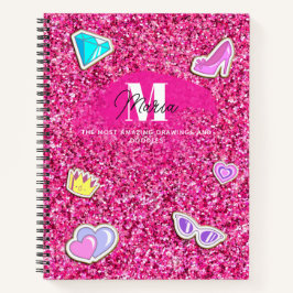 Hot Pink Glitzer Girl Monogram Name Sketchbook Notizblock