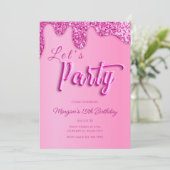 Hot Pink Glitzer Girly Birthday Party Einladung (Stehend Vorderseite)