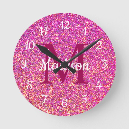 Hot Pink Glitzer Girly Glam Monogram Name Runde Wanduhr (Vorderseite)