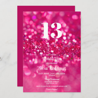 Hot Pink Glitzer Glam 13. Geburtstagsfeier Einladu Einladung
