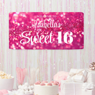 Hot Pink Glitzer Glam Sweet 16 Geburtstag Willkomm Banner