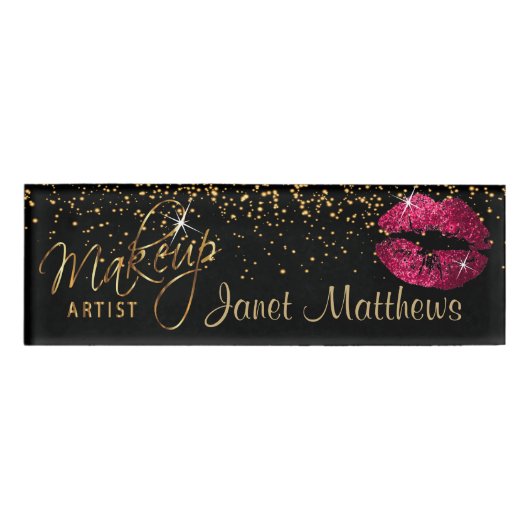 Hot Pink Glitzer Lipno und Elegante Gold Namenschild (Vorderseite)