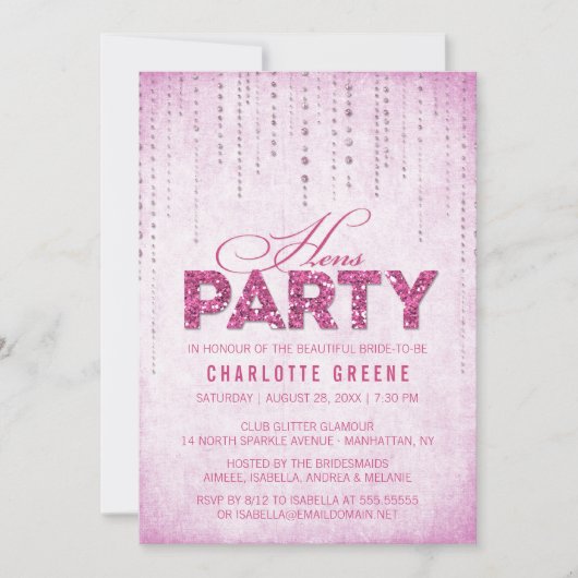 Hot Pink Glitzer Look Hens Party Einladung (Vorderseite)