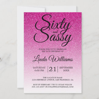 Hot Pink Glitzer Ombre 60 und Sassy 60. Geburtstag Einladung