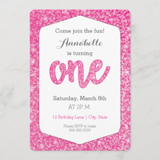 Hot Pink Glitzer "One" Erste Geburtstagskarte Einladung