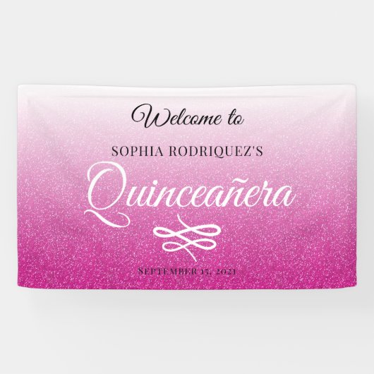 Hot Pink Glitzer Quinceañera 15. Geburtstag Willko Banner (Horizontal)
