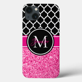 Hot Pink Glitzer Schwarz-Weiß-Trellis-Monogramm Case-Mate iPhone Hülle