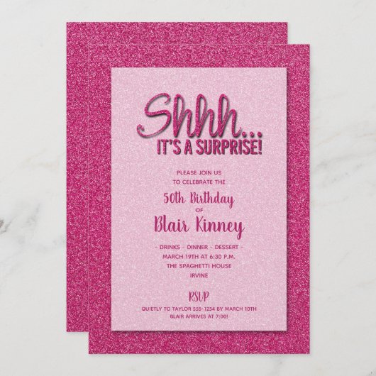 Hot Pink Glitzer ÜBERRASCHUNG Geburtstag Einladung (Vorne/Hinten)