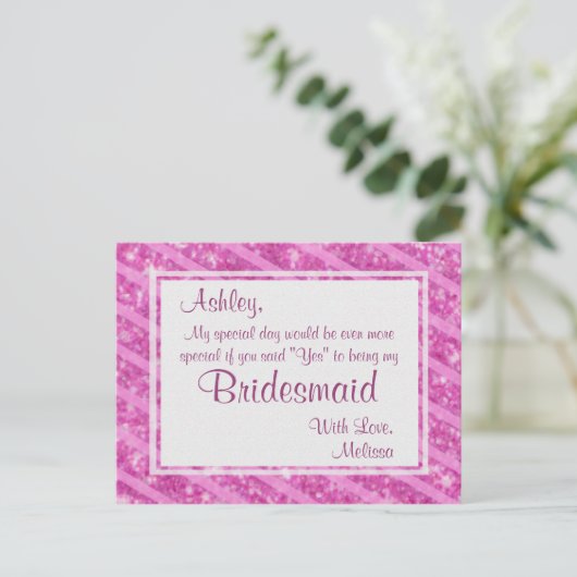 Hot Pink Glitzer - Werden Sie meine Bridesmaid? Einladungspostkarte (Stehend Vorderseite)