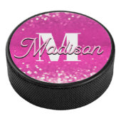 Hot Pink Glitzern Bokeh Monogram Eishockey Puck (3/4)