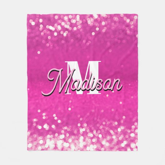 Hot Pink Glitzern Bokeh Monogram Fleecedecke (Vorderseite)