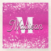 Hot Pink Glitzern Bokeh Monogram Glasuntersetzer (Vorderseite)