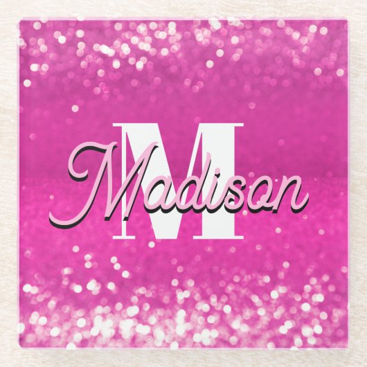 Hot Pink Glitzern Bokeh Monogram Glasuntersetzer (Vorderseite)