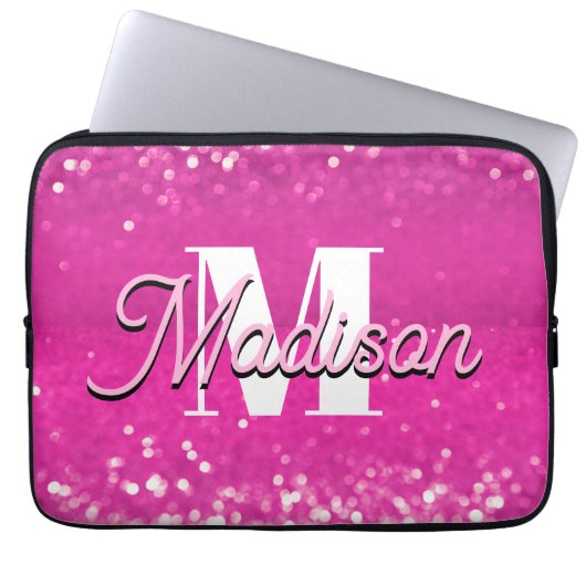 Hot Pink Glitzern Bokeh Monogram Laptopschutzhülle (Vorderseite)