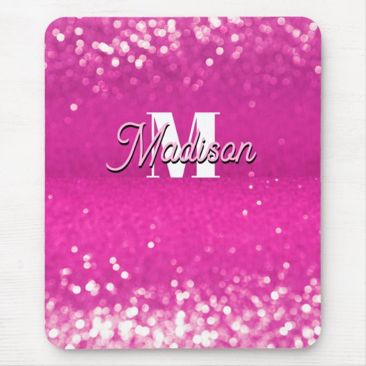 Hot Pink Glitzern Bokeh Monogram Mousepad (Vorne)