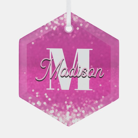 Hot Pink Glitzern Bokeh Monogram Ornament Aus Glas (Vorderseite)