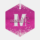 Hot Pink Glitzern Bokeh Monogram Ornament Aus Glas (Rückseite)