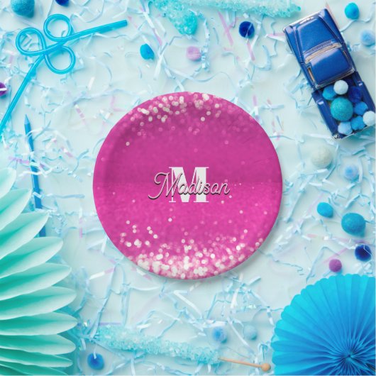 Hot Pink Glitzern Bokeh Monogram Pappteller (Party)