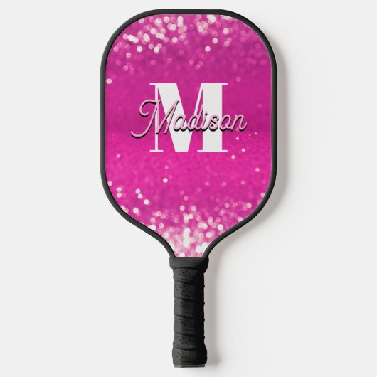 Hot Pink Glitzern Bokeh Monogram Pickleball Schläger (Vorderseite)