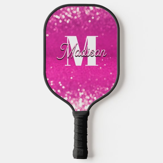 Hot Pink Glitzern Bokeh Monogram Pickleball Schläger (Rückseite)