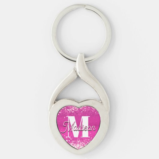 Hot Pink Glitzern Bokeh Monogram Schlüsselanhänger (Vorderseite)