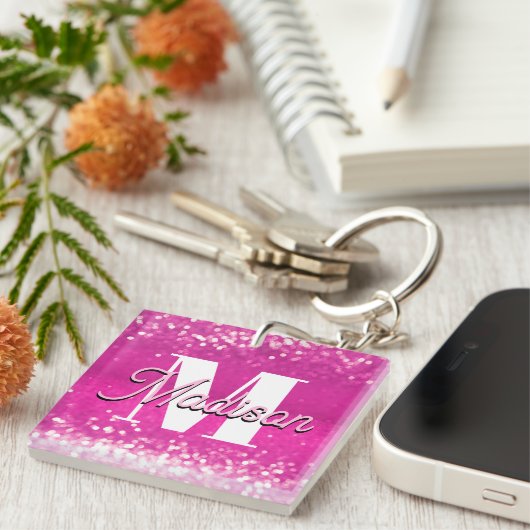 Hot Pink Glitzern Bokeh Monogram Schlüsselanhänger (Vorderseite rechts)