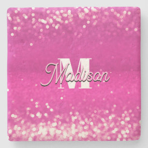 Hot Pink Glitzern Bokeh Monogram Steinuntersetzer