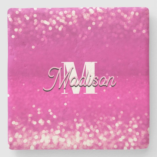 Hot Pink Glitzern Bokeh Monogram Steinuntersetzer (Vorderseite)