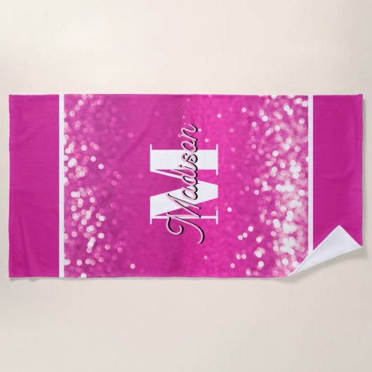 Hot Pink Glitzern Bokeh Monogram Strandtuch (Vorderseite)