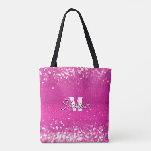 Hot Pink Glitzern Bokeh Monogram Tasche (Rückseite)
