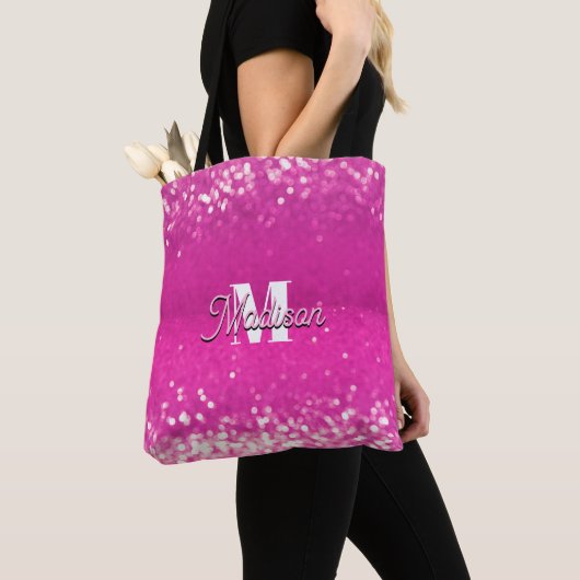 Hot Pink Glitzern Bokeh Monogram Tasche (Von Nahem)